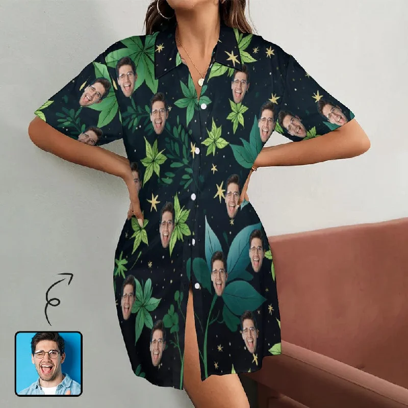 women's sleepshirts with a geometric patternCustom Face Dark Green Vegetation Satin Nightgown For Women Silk Nightshirt Button Down Pajamas Dress Boyfriend Sleepshirt S-3XL