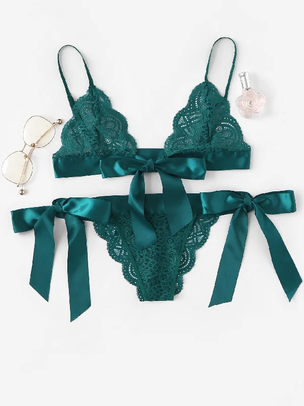 Breathable Bamboo Lingerie for Women Tie Side Scalloped Trim Lace Lingerie Set