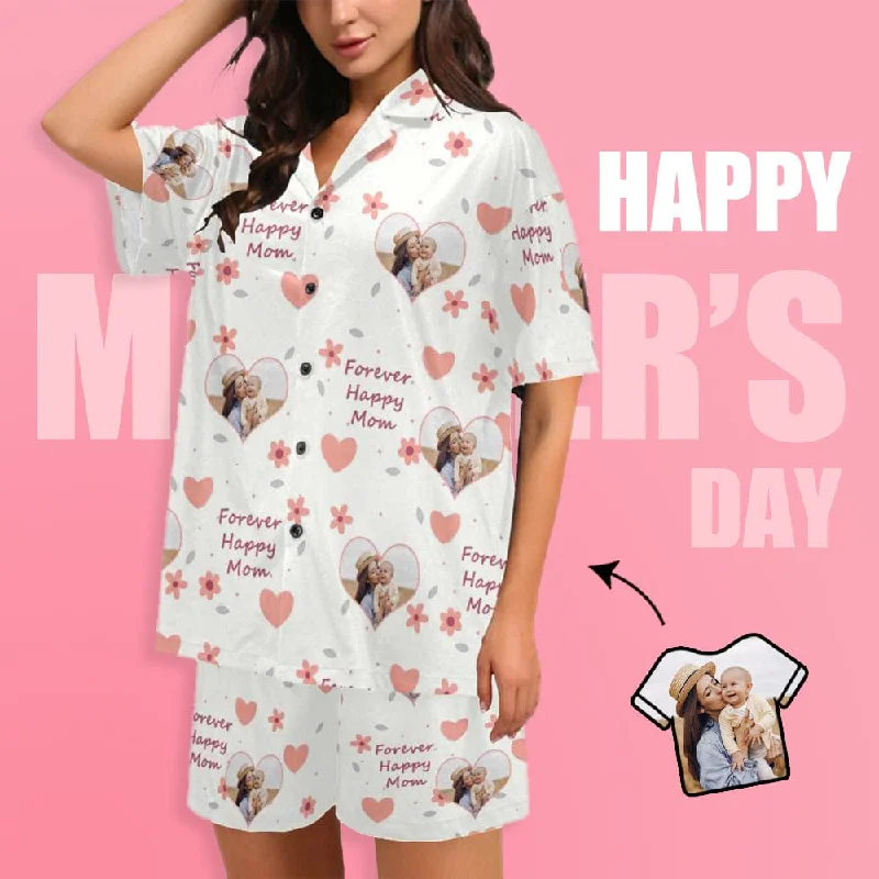 women's nightgowns made of organic materials[Special Sale] Custom Photo Pajamas Forever Happy MOM Sleepwear Personalized Women's V-Neck Short Pajama Set Mother's Day & Birthday Gift