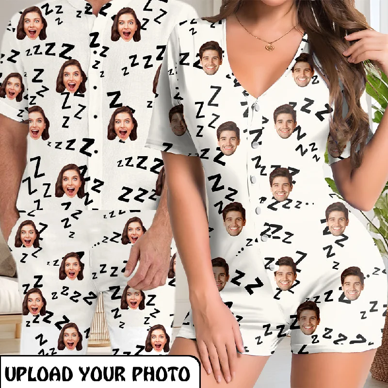 women's nightgowns with pockets for convenienceCouple Matching Short Sleeve Onesies Pajamas Custom Face White Women's V-Neck Button Jumpsuit Men's Rompers