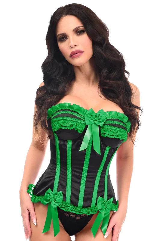post - pregnancy women bustiers and corsetsTop Drawer Black/Green Satin Steel Boned Burlesque Corset