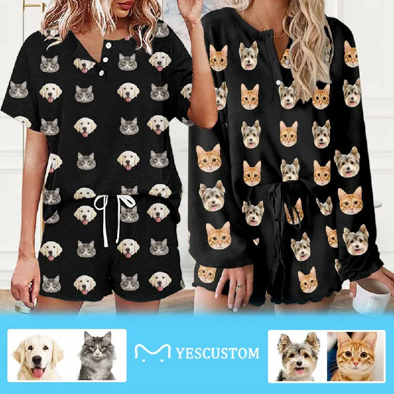 women's silk nightgowns for luxurious sleep[Up To 4 Faces] Custom Face Pajama Set Women's Long Sleeve Top and Shorts Loungewear Tracksuits