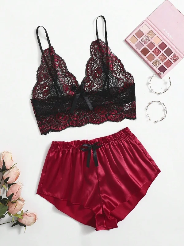 machine washable women sexy lingerieClassic Sexy Floral Lace Bralette With Satin Shorts