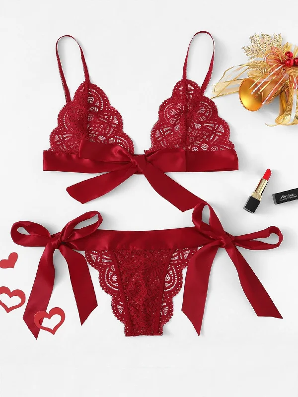 Sexy Lingerie for Women with Stockings Scalloped Trim Tie Side Lingerie Set