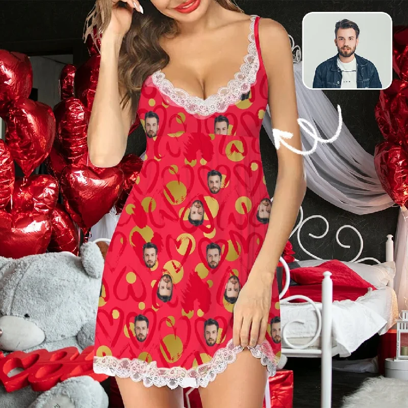 women's sleepshirts for a comfortable work - from - home optionCustom Face Red Heart Women's Cami V-Neck Lace Suspenders Nightdress Valentine's Day Pajama Gifts for Her