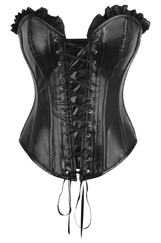 clubbing women bustiers and corsetsTop Drawer Black Faux Leather & Black Lace Trim Lace-Up Steel Boned Corset clubbing women bustiers and corsetsTop Drawer Black Faux Leather & Black Lace Trim Lace-Up Steel Boned Corset