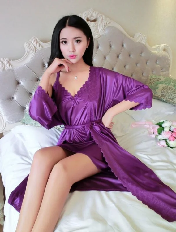 fleece women robes for warmth in winter2 Pcs Satin Short Night Dress & Full Sleeves Robe - Purple fleece women robes for warmth in winter2 Pcs Satin Short Night Dress & Full Sleeves Robe - Purple