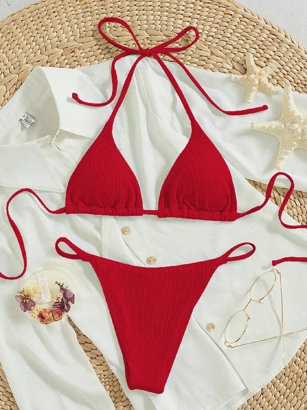 seamless quick - drying women thongs for water - based activitiesSwim Summer Beach Ribbed Bikini Set Tie Back Halter Triangle Bra & Thong 2 Piece Bathing Suit seamless quick - drying women thongs for water - based activitiesSwim Summer Beach Ribbed Bikini Set Tie Back Halter Triangle Bra & Thong 2 Piece Bathing Suit