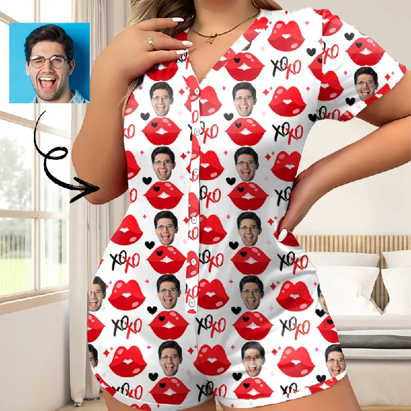 women's sleepshirts with a reversible designWomen's Short Sleeve Onesies Pajamas Custom Face Lips Hearts V-Neck Button Jumpsuit