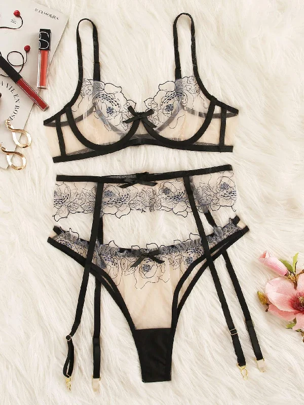 Women's Corset Style Lingerie Floral Lace Sheer Garter Lingerie Set