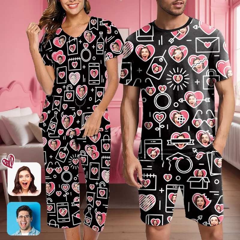 women's sleepshirts with a novelty printCustom Face Couple Matching Loungewear Set Short Sleeve Shirt and Capri Pants Sleepwear Pajama Set For Valentine's Day