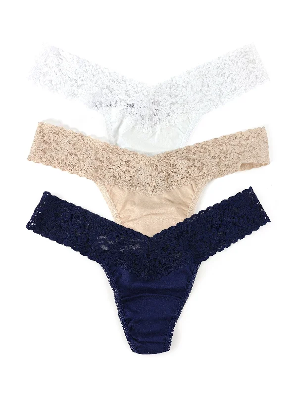 seamless thong - style swimwear for a smooth beach look3 Pack Supima® Cotton Low Rise Thongs with Lace White/Chai/Navy seamless thong - style swimwear for a smooth beach look3 Pack Supima® Cotton Low Rise Thongs with Lace White/Chai/Navy