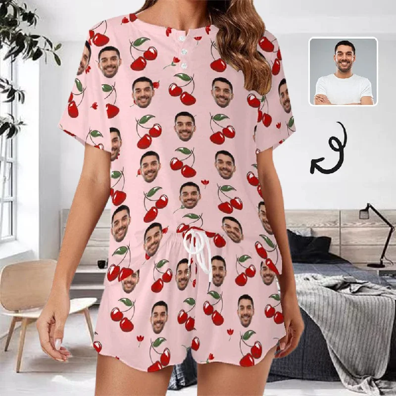crew neck women's sleepshirts for a classic style【Discount - limited time】Custom Face Cherry Pink Pajama Set Women's Short Sleeve Top and Shorts Loungewear Athletic Tracksuits crew neck women's sleepshirts for a classic style【Discount - limited time】Custom Face Cherry Pink Pajama Set Women's Short Sleeve Top and Shorts Loungewear Athletic Tracksuits