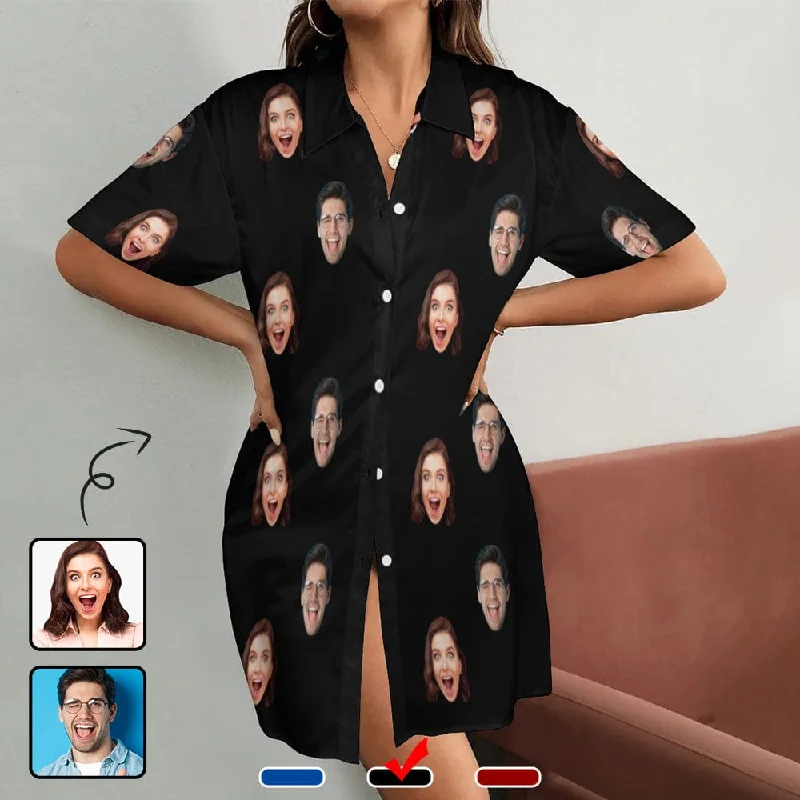 women's sleepshirts with a removable beltCustom Face Solid Color Satin Silk Nightshirt Button Down Pajama Dress