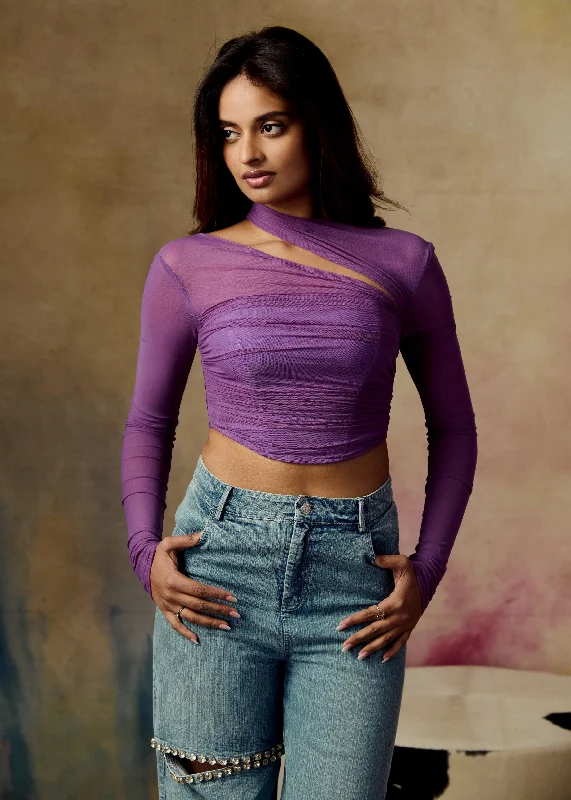 clubbing women bustiers and corsetsArfa Purple Asymmetrical Neckline Ruched Mesh Corset Top clubbing women bustiers and corsetsArfa Purple Asymmetrical Neckline Ruched Mesh Corset Top
