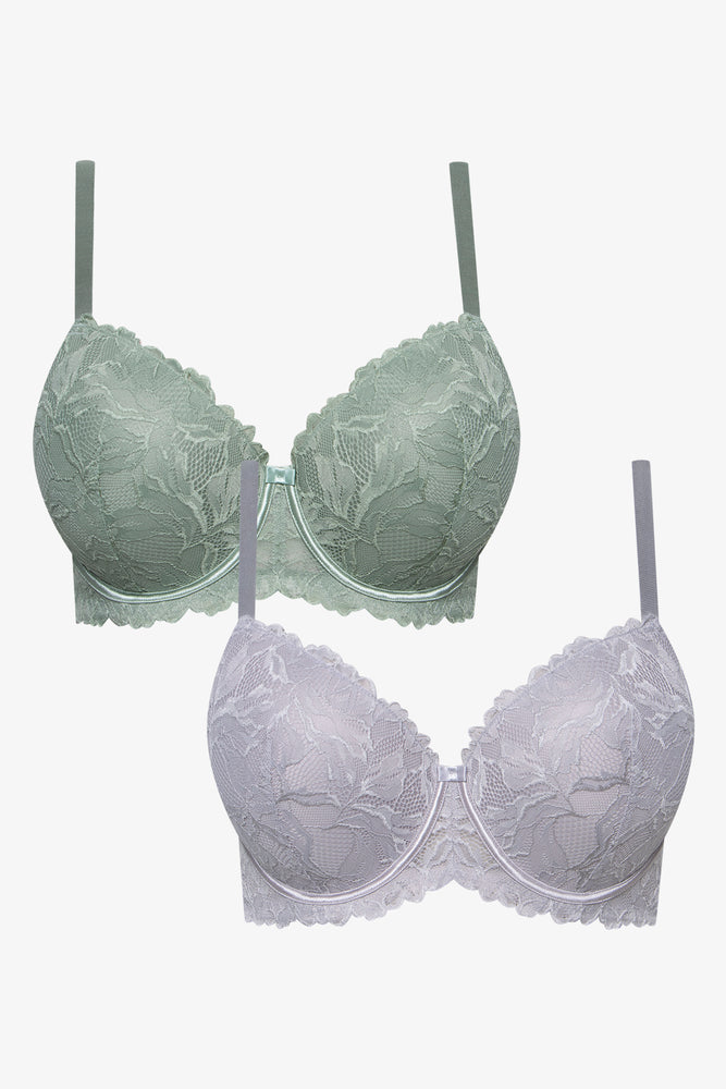 Comfortable Cotton Lingerie for Women Plus Size 2 Pack Lace Balconette Bras Green & Grey
