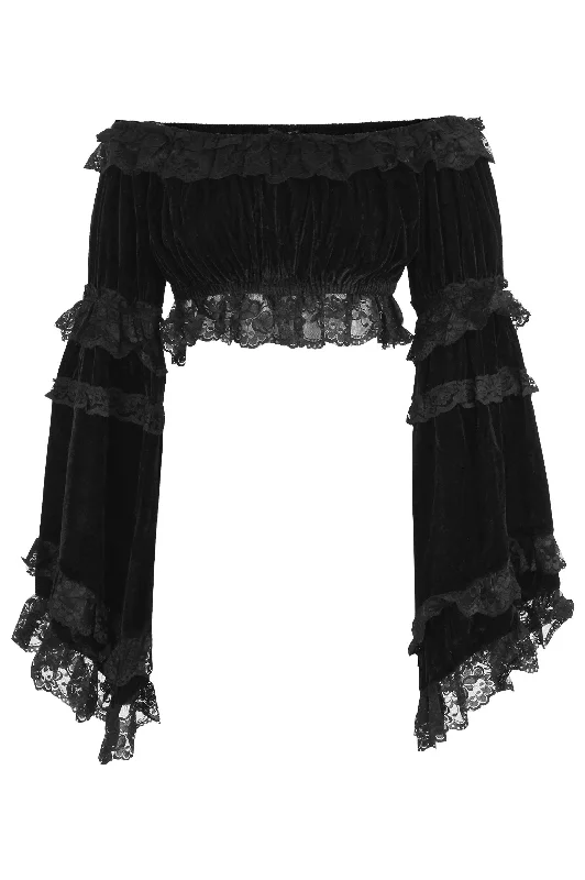 lace detailed women bustiers and corsetsBlack Velvet Smocked Flare Sleeve Peasant Top lace detailed women bustiers and corsetsBlack Velvet Smocked Flare Sleeve Peasant Top