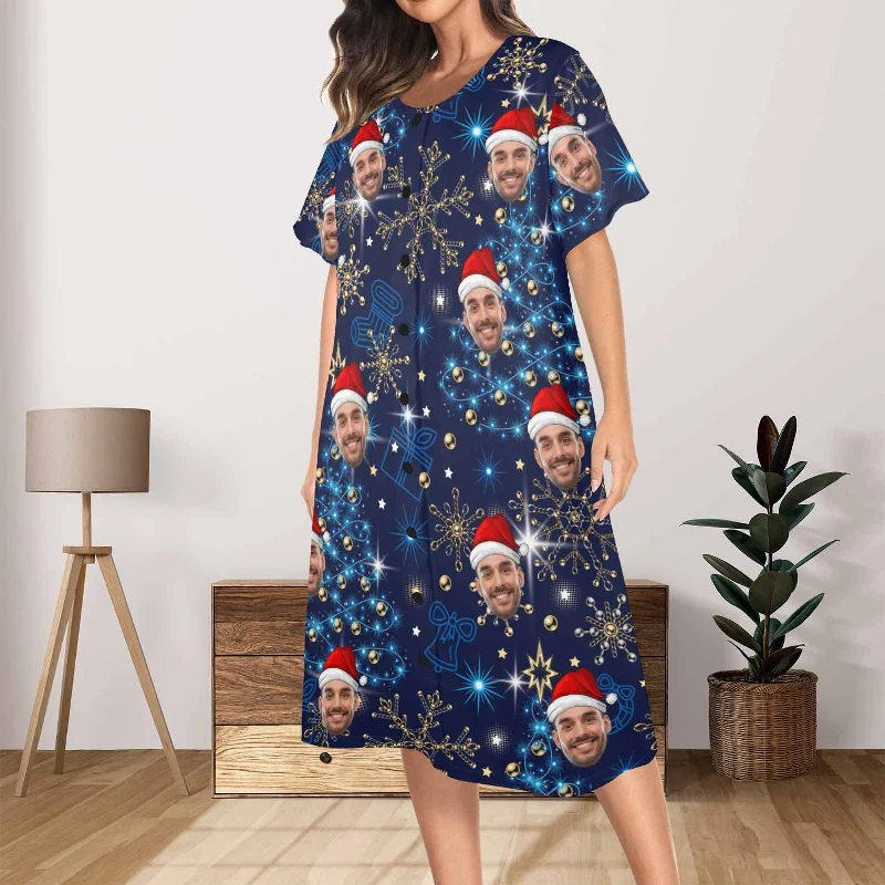 breathable women's nightgowns for hot sleepersCustom Face Christmas lights Women's Nightshirt Short Button Down Nightgown V-Neck Sleepwear Pajama Dress