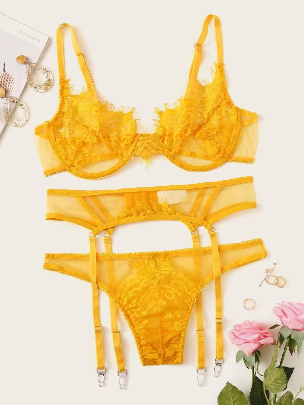 Women's High Waist Lingerie Bodysuits Floral Lace Underwire Garter Lingerie Set