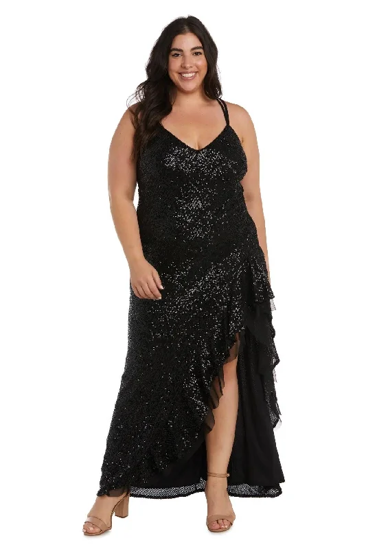 women sexy dresses with fishnet panelsMorgan & Co 13029WM Plus Size High Low Prom Dress