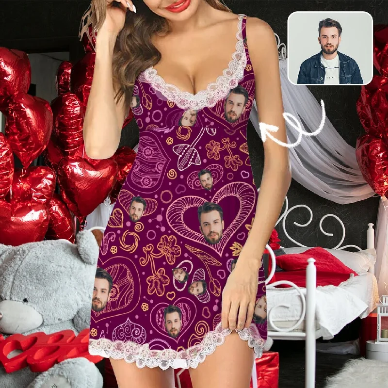 women's sleepshirts for a fashionable loungewear choiceCustom Face Purple Women's Cami V-Neck Lace Suspenders Nightdress Valentine's Day Pajama Gifts for Her