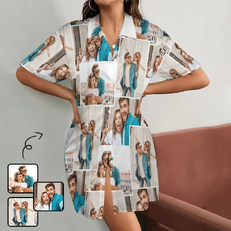 women's sleepshirts with a contrasting collarCustom Couple Photos Satin Nightgown For Women Silk Nightshirt Button Down Pajamas Dress Boyfriend Sleepshirt S-3XL