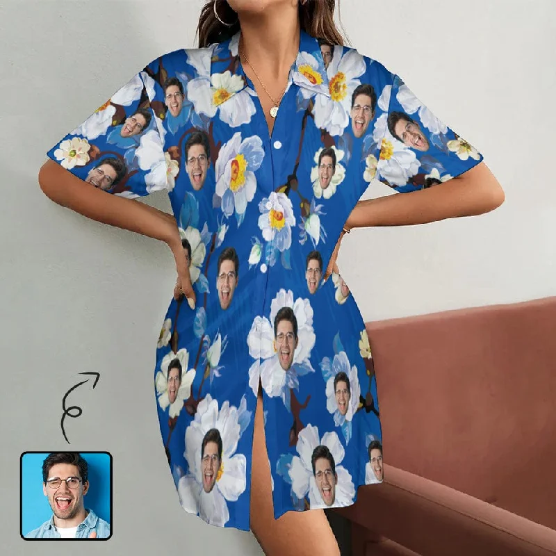 women's sleepshirts with a dropped shoulder designCustom Face Flower Blue Satin Nightgown For Women Silk Nightshirt Button Down Pajamas Dress Boyfriend Sleepshirt S-3XL