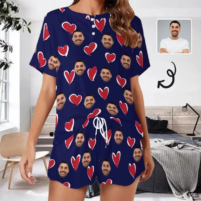 women's nightgowns with a nautical theme【Discount - limited time】Custom Face Heart Blue Pajama Set Women's Short Sleeve Top and Shorts Loungewear Athletic Tracksuits women's nightgowns with a nautical theme【Discount - limited time】Custom Face Heart Blue Pajama Set Women's Short Sleeve Top and Shorts Loungewear Athletic Tracksuits