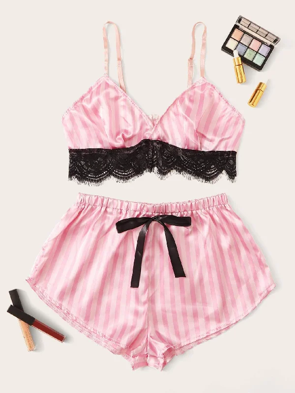 Women's High Waist Lingerie Bodysuits Eyelash Lace Striped Satin Lingerie Set