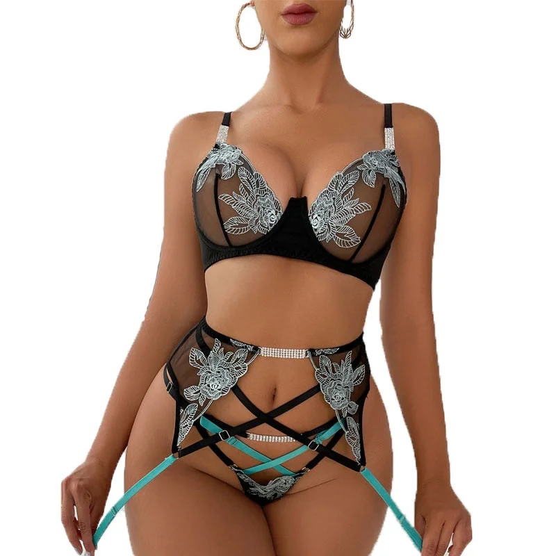 Women's Silk Lingerie Sets Women Transparent Flower Embroidery Backless Lingerie Black Mesh Patchwork Corset Set Women's Silk Lingerie Sets Women Transparent Flower Embroidery Backless Lingerie Black Mesh Patchwork Corset Set