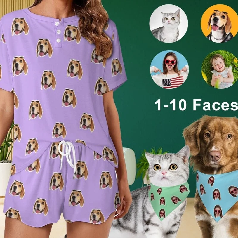 women's nightgowns with a unique embroidery detailCustom Cat Dog Face Solid Color Pajama Set Women's Short Sleeve Loungewear Athletic Tracksuits and Pet Dog Bandana women's nightgowns with a unique embroidery detailCustom Cat Dog Face Solid Color Pajama Set Women's Short Sleeve Loungewear Athletic Tracksuits and Pet Dog Bandana