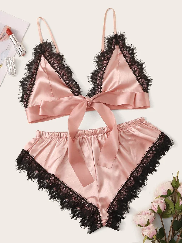 Women's High Waist Lingerie Bodysuits Eyelash Floral Lace Satin Lingerie Set