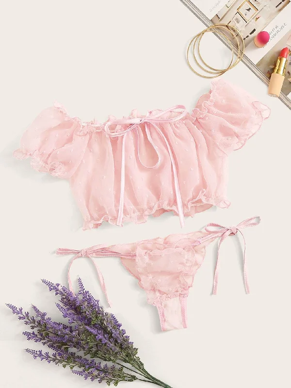Women's Sheer Lingerie Nightgowns Lettuce Trim Dobby Mesh Tie Side Lingerie Set