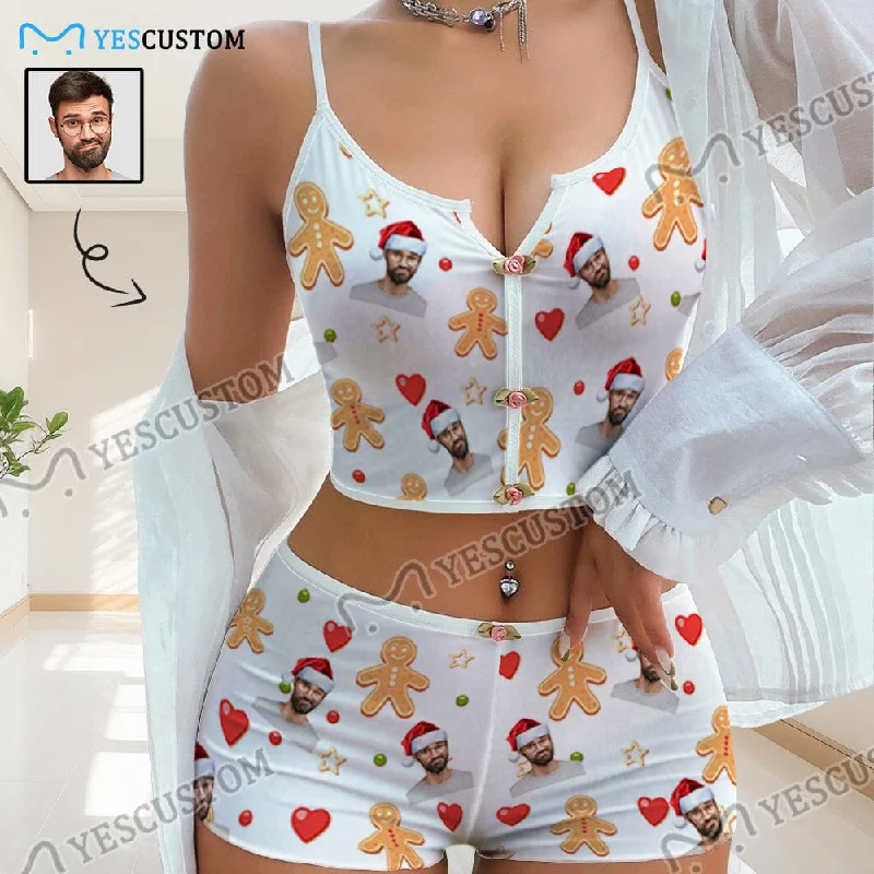 women's sleepshirts for a fashionable loungewear choicePhoto Custom Husband Face with Santa Hat Sleepwear Appliques Notched Neckline Lingerie Set Pajamas Bachelorette party