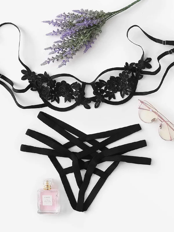 Women's Lingerie with Matching Robes Harness Detail Appliques Underwire Lingerie Set
