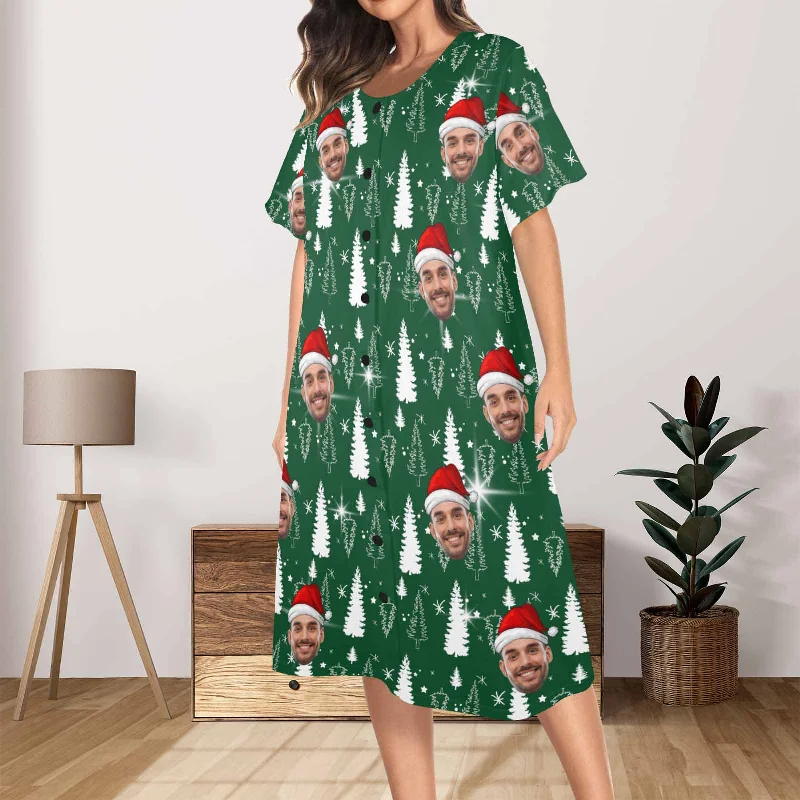 women's sleepshirts with a dropped shoulder designCustom Face Christmas Tree Women's Nightshirt Short Sleeve Button Down Nightgown V-Neck Sleepwear Pajama Dress