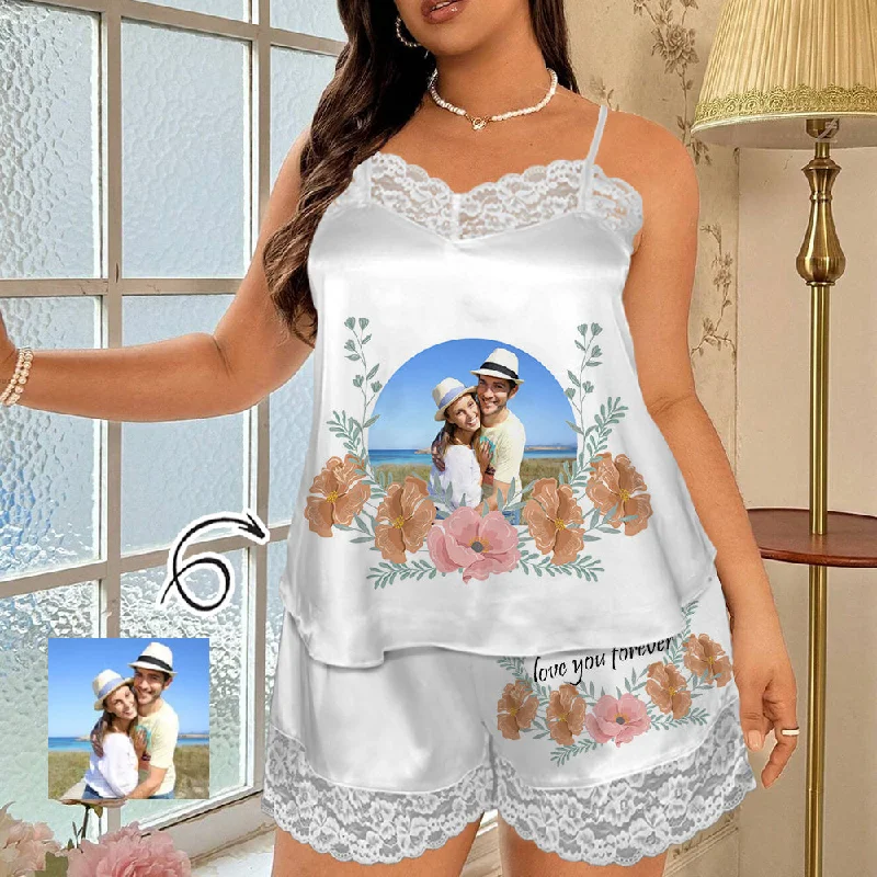 women's sleepshirts with a geometric patternCustom Photo Flowers Lace Cami Pajamas Personalized Women's Nightwear Set