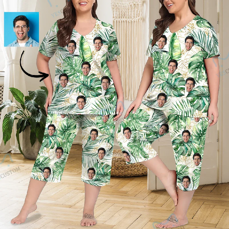 women's nightgowns with a V - neck designCustom Face Palm Leaves Women's Loungewear Set Short Sleeve Shirt and Capri Pants Sleepwear Pajama Set