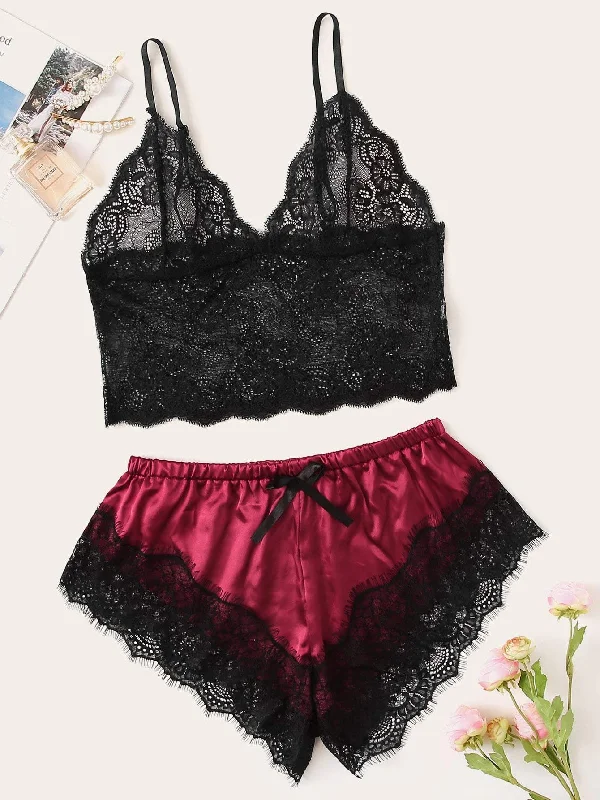 Women's Lingerie with Matching Robes Floral Lace Bralette With Satin Shorts