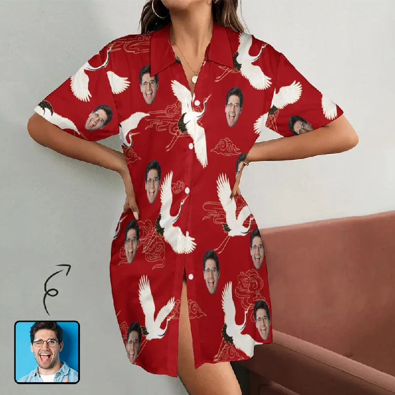 women's sleepshirts with a removable beltCustom Face Red-crowned Crane Red Satin Nightgown For Women Silk Nightshirt Button Down Pajamas Dress Boyfriend Sleepshirt S-3XL