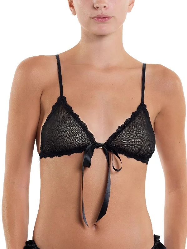 Women's Sheer Lingerie Nightgowns Dotted Tulle Front Tie Bralette Black