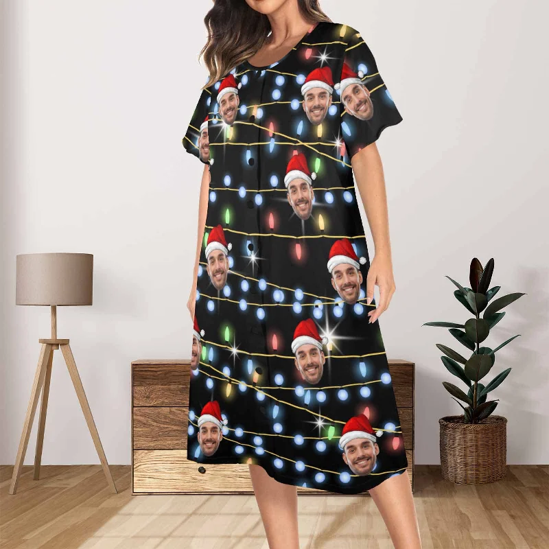 women's sleepshirts for a comfortable stay - at - home dayCustom Face Blue Christmas Women's Nightshirt Short Sleeve Button Down Nightgown V-Neck Sleepwear Pajama Dress