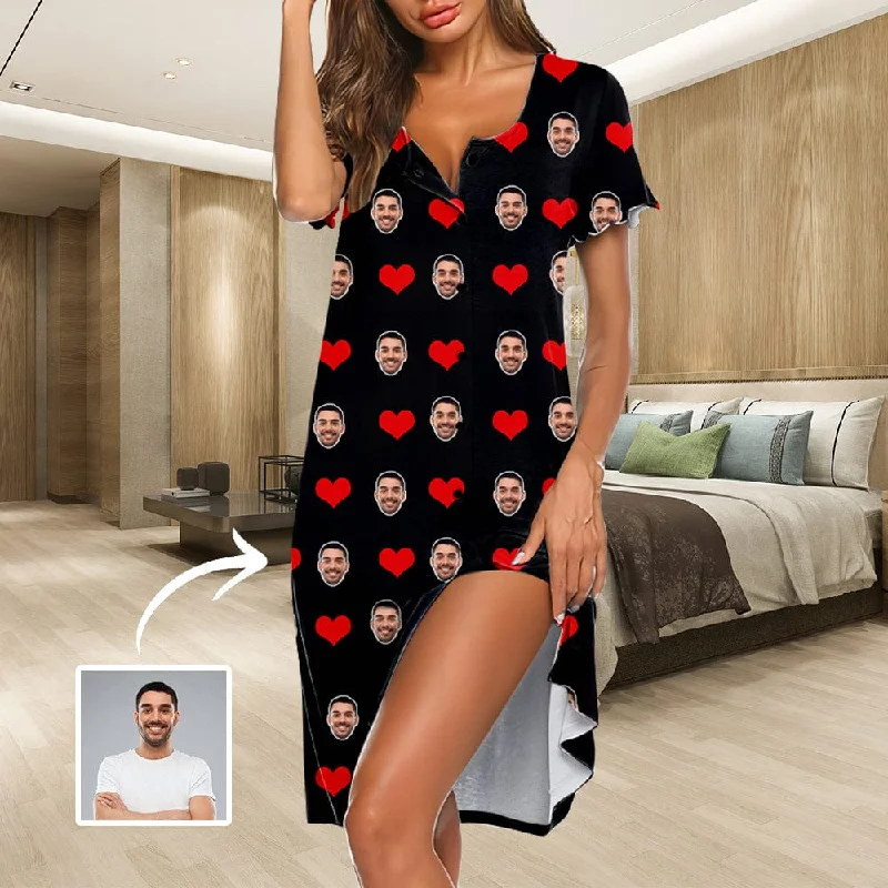 women's sleepshirts with a novelty printCustom Face Heart Women's Nightshirt Short Sleeve Button Down Nightgown V-Neck Sleepwear Pajama Dress