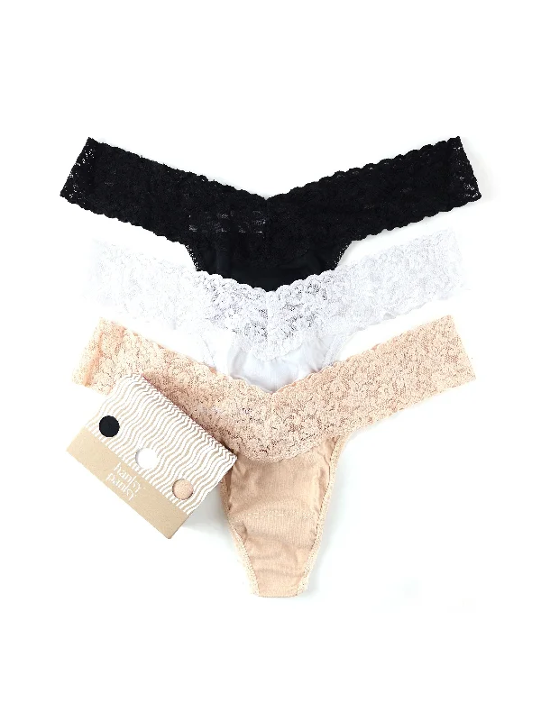 seamless low - rise women thongs for a sleek fit3 Pack Supima® Cotton Low Rise Thongs with Lace Black/White/Chai seamless low - rise women thongs for a sleek fit3 Pack Supima® Cotton Low Rise Thongs with Lace Black/White/Chai