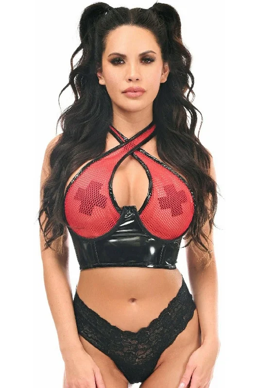 affordable women bustiers and corsetsLavish Red/Black Vinyl & Fishnet Halter Top Underwire Cincher affordable women bustiers and corsetsLavish Red/Black Vinyl & Fishnet Halter Top Underwire Cincher