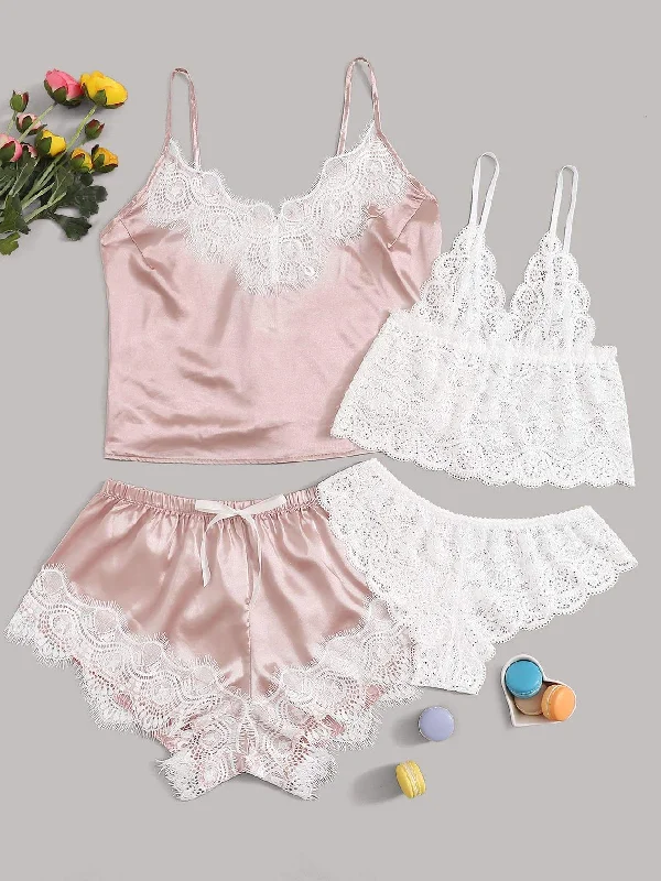Women's Sheer Lingerie Nightgowns Eyelash Lace Satin Lingerie Set 4pack