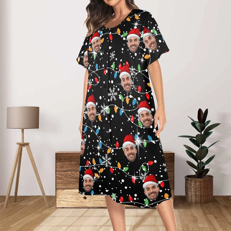 women's nightgowns with pockets for convenienceCustom Face Christmas lights Women's Nightshirt Short Sleeve Button Down Nightgown V-Neck Sleepwear Pajama Dress