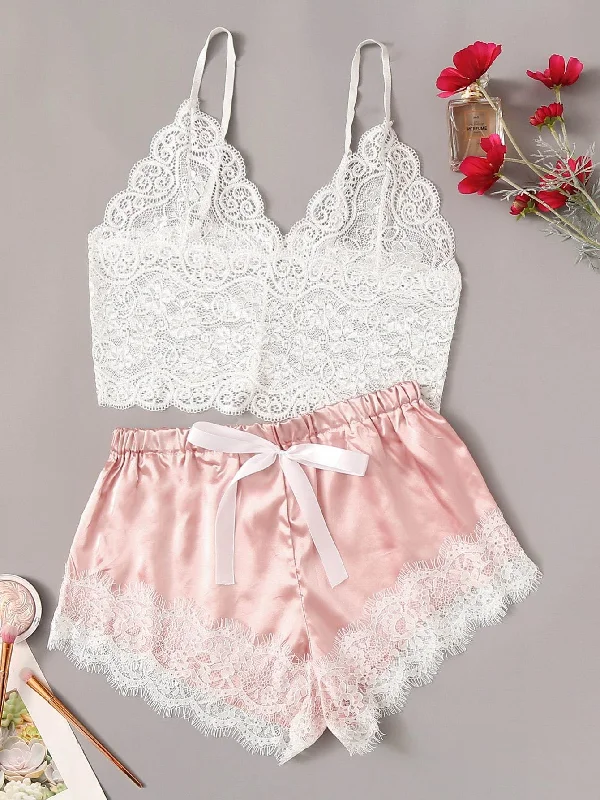 Women's Tummy Control Lingerie Floral Lace Bralette With Satin Shorts