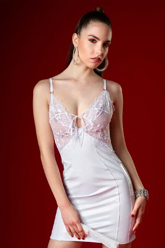 women sexy dresses with feather - adorned collarsAiyana White Vinyl Dress