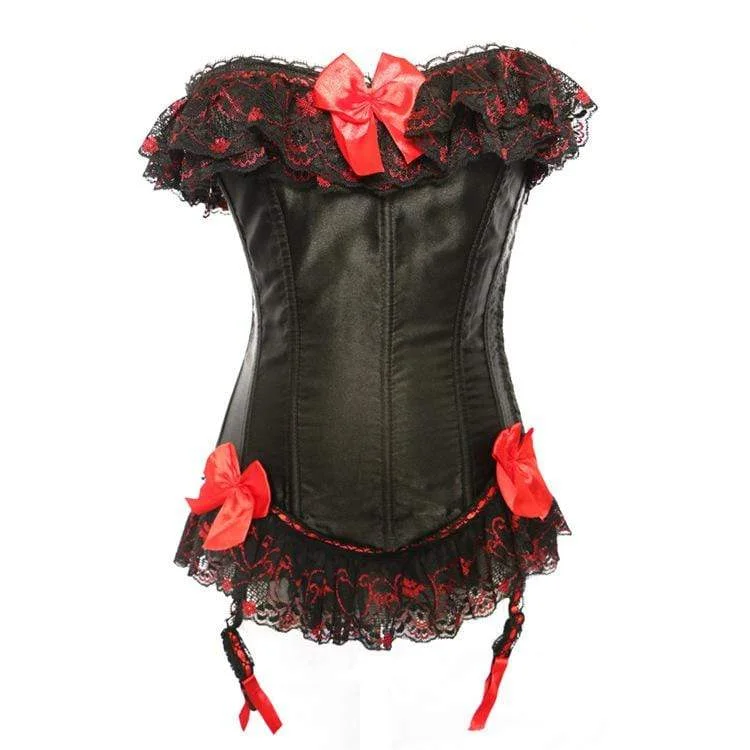 Gothic women bustiers and corsets aestheticWomen's Gothic Lace Hem Contrast Color Bowknot Overbust Corsets With T-back Gothic women bustiers and corsets aestheticWomen's Gothic Lace Hem Contrast Color Bowknot Overbust Corsets With T-back